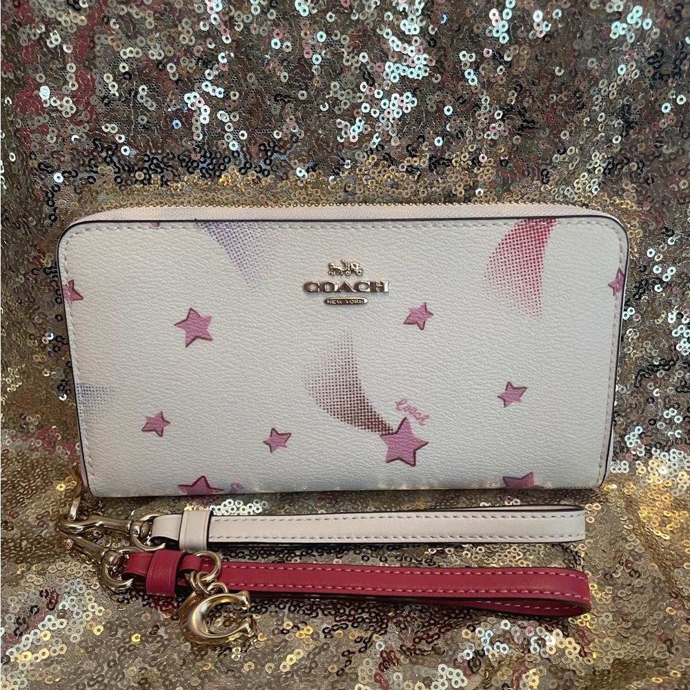 Coach Long Zip Around Wallet With Disco Star Print Gold/Chalk Multi. NWOT
